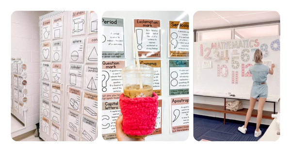three cohesive classroom classroom designs, using matching visual aids and bulletin board materials.