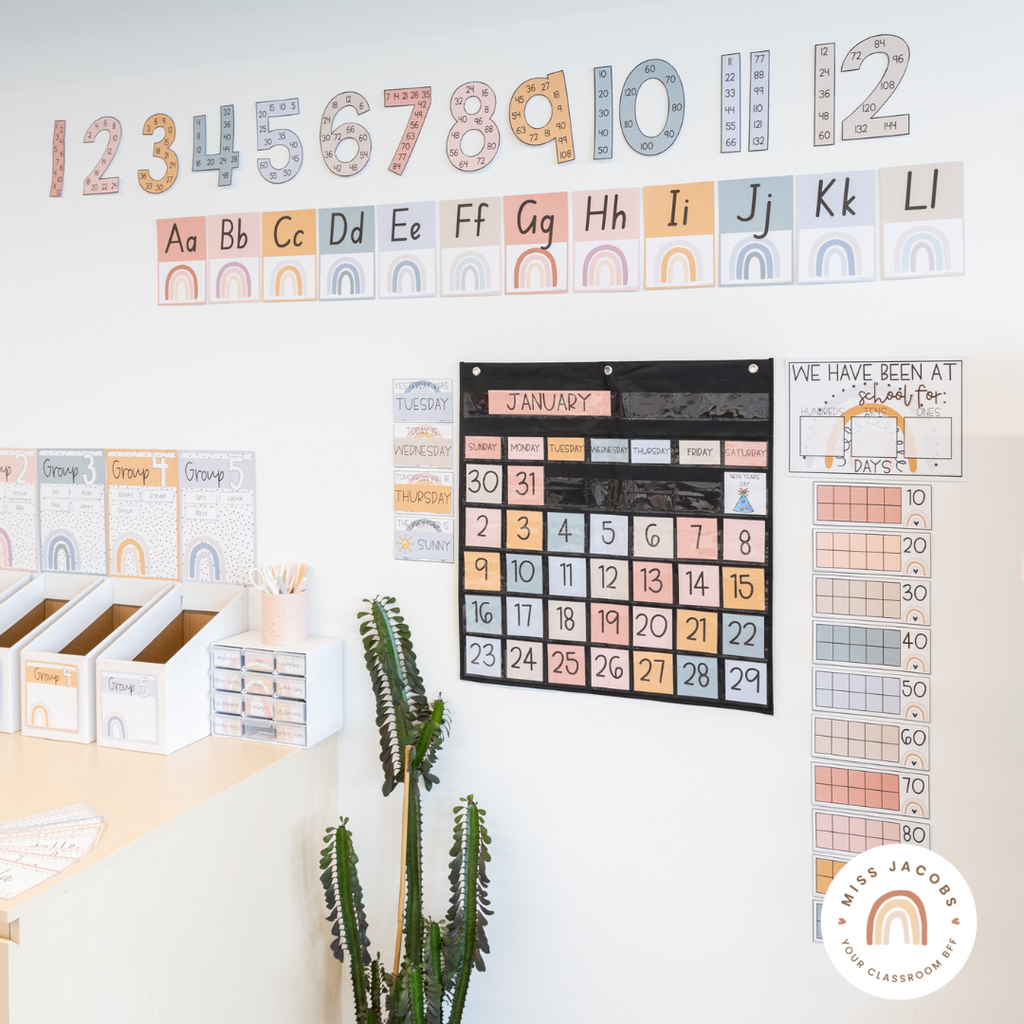 An image shows a classroom corner with a range of Miss Jacobs decor items including the calendar, units and reading group labels. There’s also a cactus and a shelf visible.