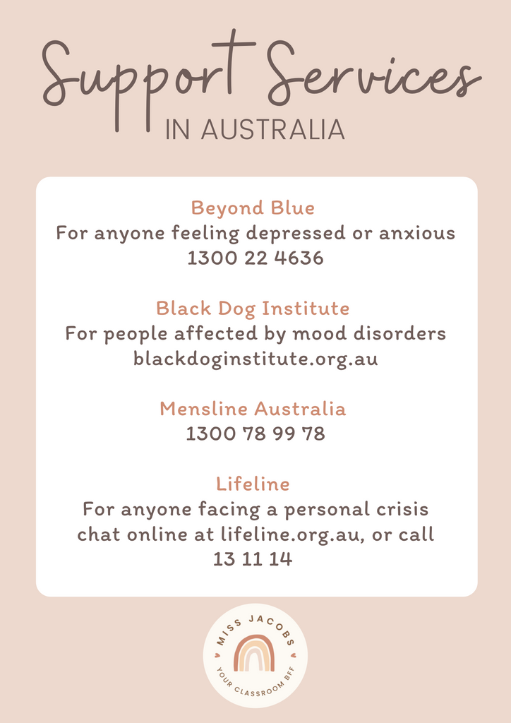 A graphic contains the contact details of Beyond Blue, 1300 22 4634. Balck Dog Institute, blackdoginstitute.org.au, Mensline Australia, 1300 78 99 78 and Lifeline, 13 11 14.