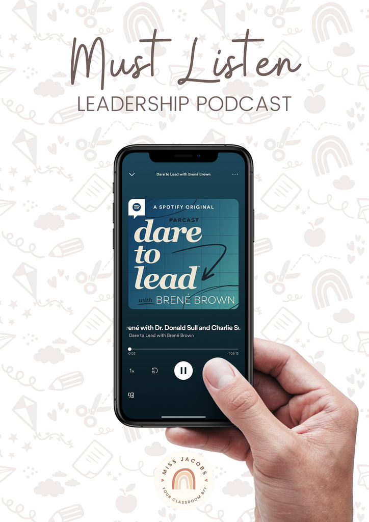 A white male hand holds a smart phone with the Brené Brown podcast on the screen. The text on screen says ‘Must Listen Leadership Podcast.’
