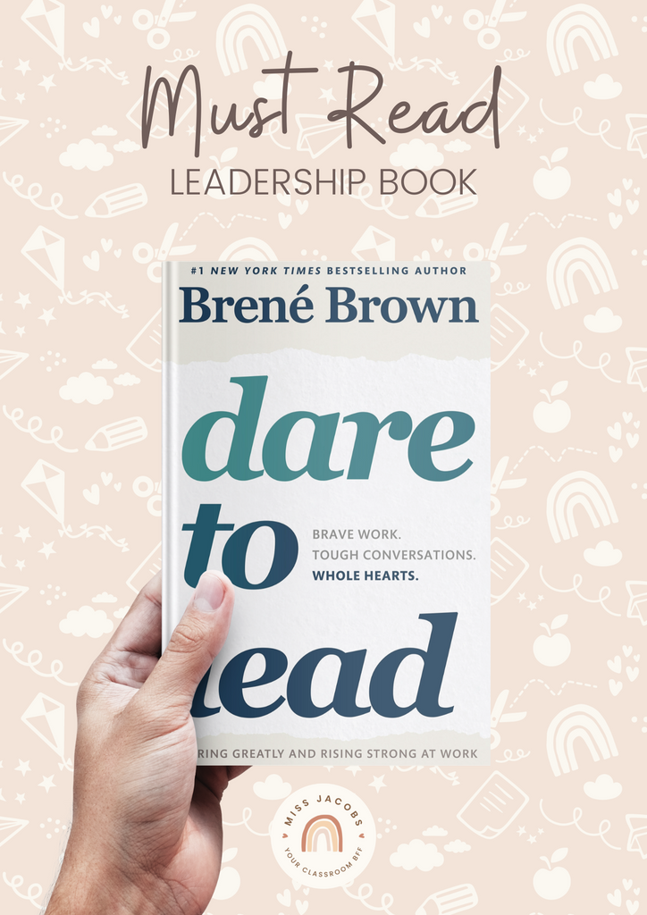 A white male hand holds the book Dare to Lead’ by Brene Brown. The graphic says ‘Must Read Leadership Book.”