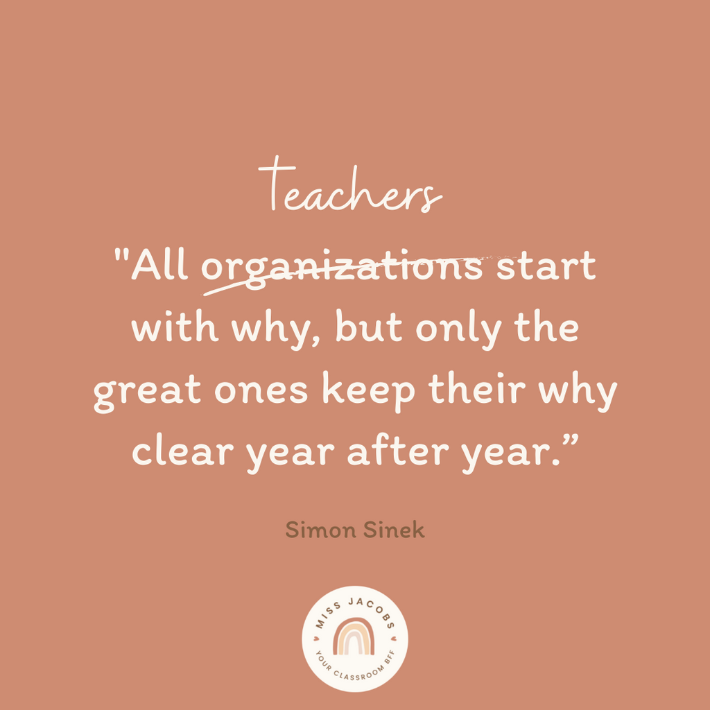 A graphic shows a brown background with the text ‘All organisations start with why, but only the great ones keep their why clear year after year - Simon Sinek.’ The word organisations is replaced with teachers.