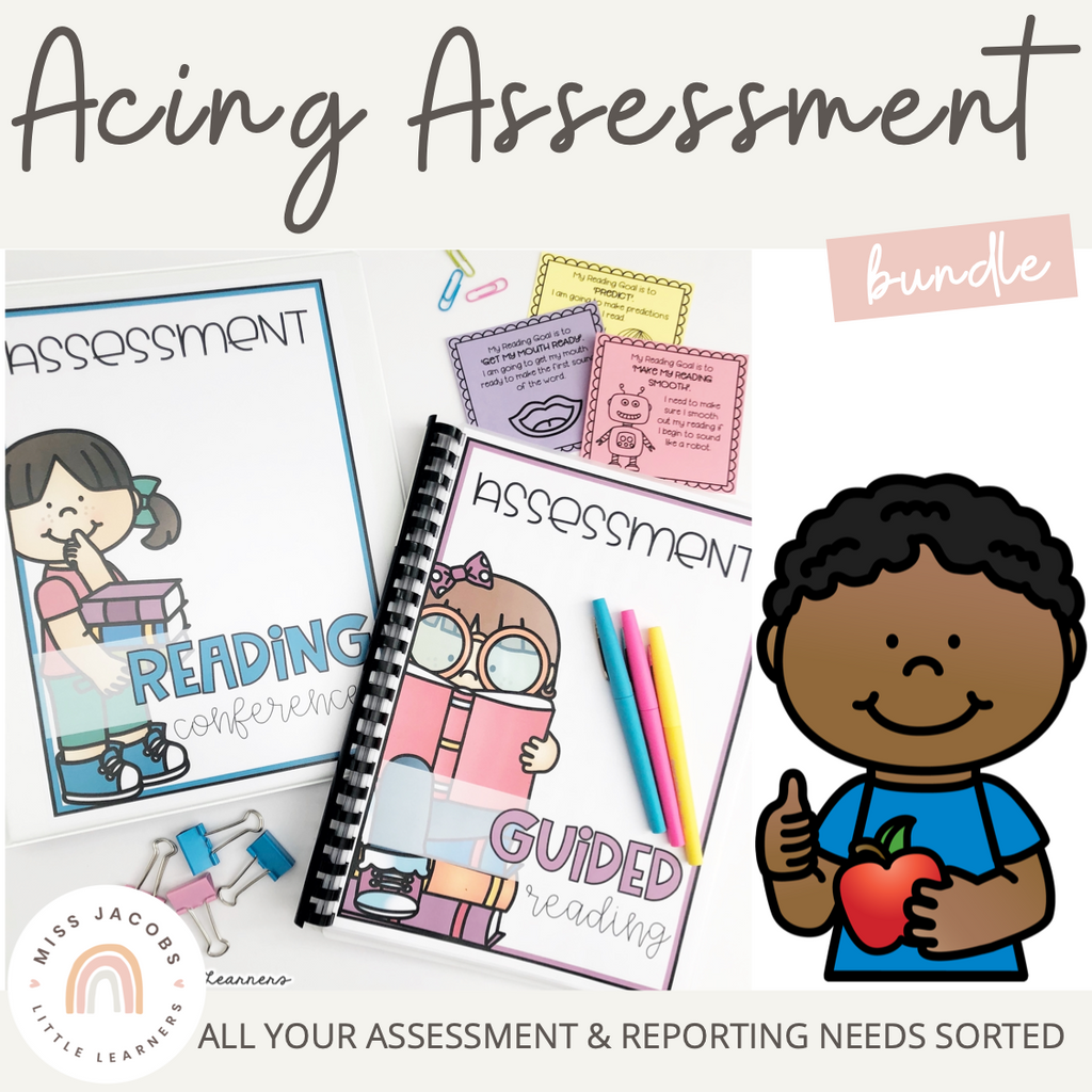 A graphic cover for my Acing Assessment Bundle, featuring images of the reading and guided reading assessment forms.