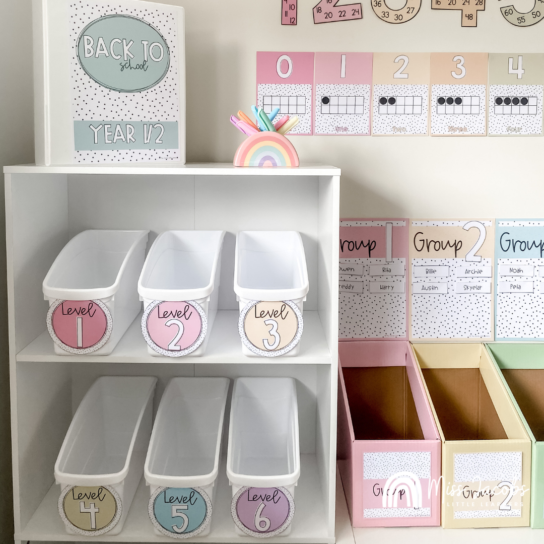 Two images are side by side. On the left we see a series of magazine boxes in pastel colours and they say Group 1, Group 2, through to Group 5. There’s a small corresponding poster above each. They’re in a rainbow of pastel colours - pink, yellow, green, blue and a soft purple. The image on the right shows the same items from a different angle, but we also see 6 long buckets that have small round labels on the end in the same hues. We also see a binder and a rainbow pen holder on top of the shelf.