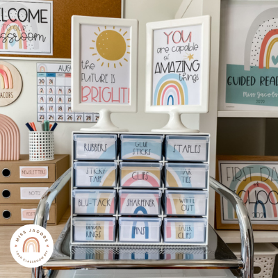 Teacher Toolbox labels in the Modern Rainbow classroom decor theme by Miss Jacobs Little Learners.