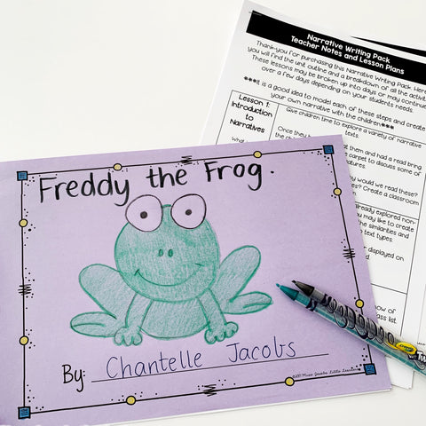 Miss Jacobs cute drawing of Freddy the frog as part of her Narrative Writing Pack