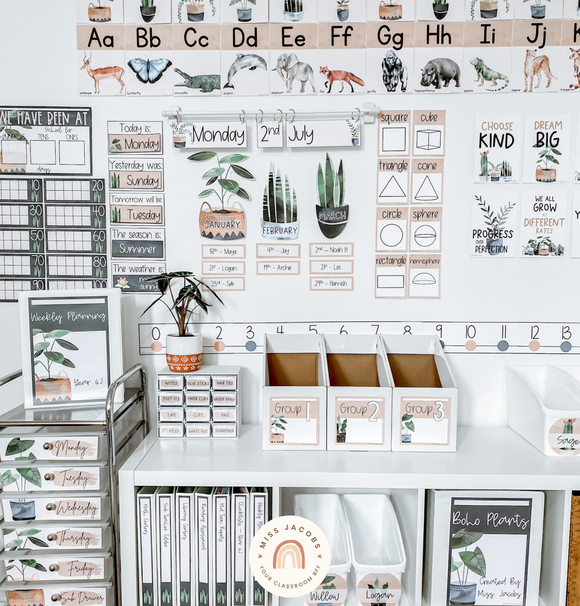 Two images show a wide range of the new Boho Plants decor products. The left images shows a shelving unit with magazine boxes on top and a small set of mini drawers colloquially called a ‘teachers toolbox.’ Then to the side is a taller series of draws on a trolley. The wall shows alphabet posters and a number of calendar displays. The tones are all earthy with nudes, white, greens, blues and pops of orange. The right image is a closer angle and shows a series of motivational posters, and posters showing different colours.