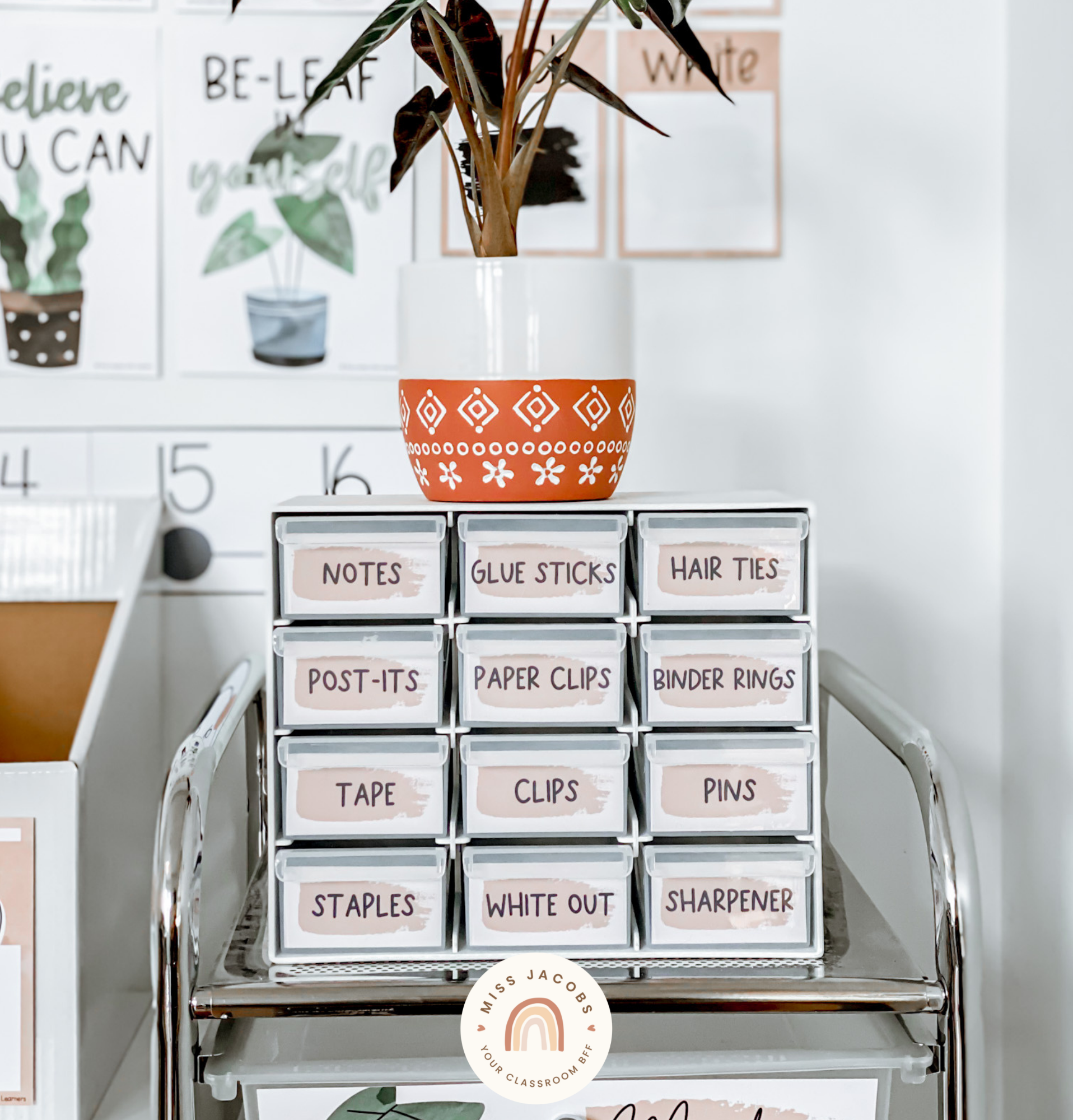 There are two images. On the left is what’s often called a teachers’ toolbox, which is a cube of mini shelves. The shelves are labelled with items from the Boho Plants range. The labels feature a nude coloured base that looks like a paint swipe, with black capital lettering. The draws are labelled with items like ‘notes’ ‘pins’ ‘tape’ and ‘clips’.