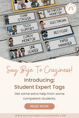 Student Expert Tags - say bye to the classroom craziness! {FREEBIE} - Miss Jacobs Little Learners