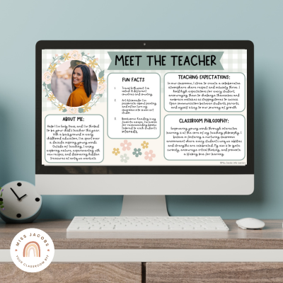 A meet-the-teacher template mockup on a desktop computer.