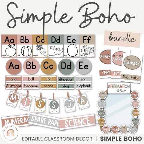 Classroom Decor Bundle | Modern Simple Boho Classroom Decor | Miss Jacobs Little Learners | Editable