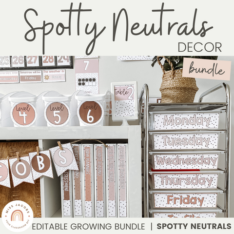 Classroom Decor Bundle | Spotty Neutral Classroom Decor | Miss Jacobs Little Learners | Editable