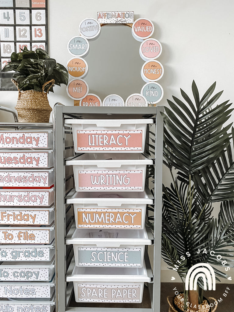 Miss Jacobs Little Learners Spotty Boho Teacher Trolley Labels and Affirmation Station