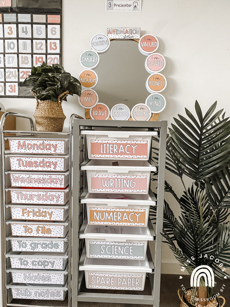Two teacher trolleys are labelled with the days of the week and with different subjects for easy classroom organisation.
