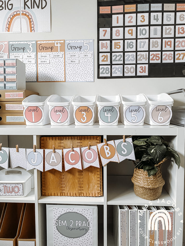 Miss Jacobs Little Learners Spotty Boho Classroom Labels and Bunting and Calendar set up