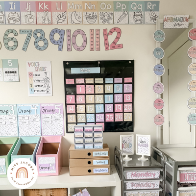 Pastel classroom decor from the Miss Jacobs Little Learners Spotty pastels range