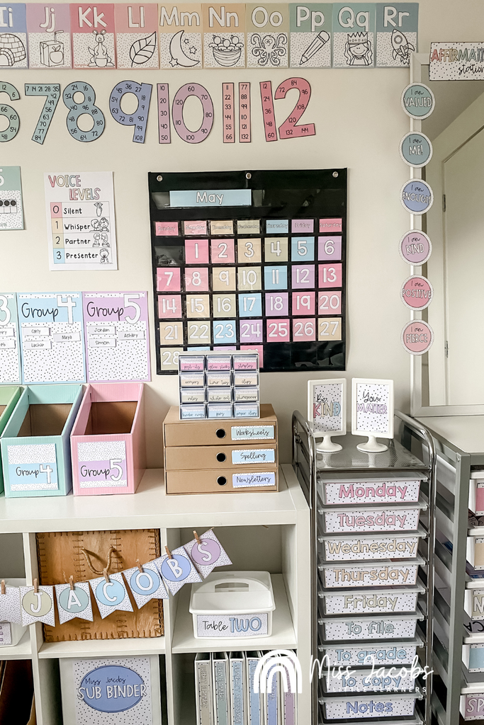 An office is filled with the new Spotty Brights range. We see a bookshelf next to two teacher trolleys, a teacher tool box on top of the shelf, a range of binders in the shelves, bunting on the front, alphabet posters lined up at the top of frame and large numbers lined up underneath. It’s all in shades of pastel pink, blue, purple, yellow and green.