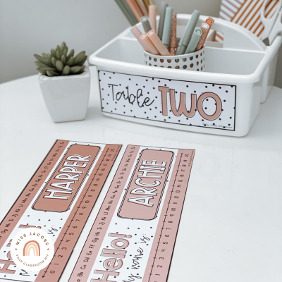 Teacher caddy and desk plates in Spotty Neutrals theme.