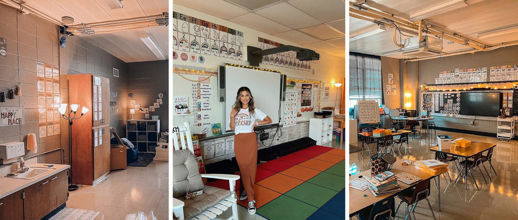 The left and right images show a classroom with grey brick walls and timber furniture. The room is lit with floor lamps, fairy lights and table lamps. The result is a warm and cosy classroom environment. The middle image features a teacher standing in front of her whiteboard, on top of a rug that has warm rainbow tones. The display board and whiteboard have fairly lights surrounding them, and a floor lamp is visible to the side of the image.