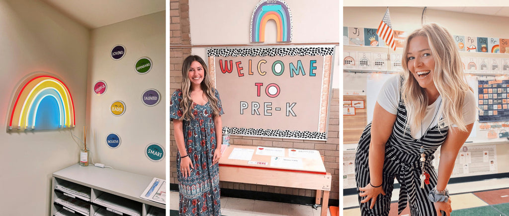 The left image shows a neon sign in the shape of a rainbow, and on the opposite wall are rainbow coloured affirmations. The middle image shows a teacher in front of a display board that says ‘Welcome to Pre-K in rainbow coloured letters, underneath a large rainbow decor item. And on the right a teacher leans over toward the camera, behind her we see a range of decor items including number posters from the Modern Rainbow range.