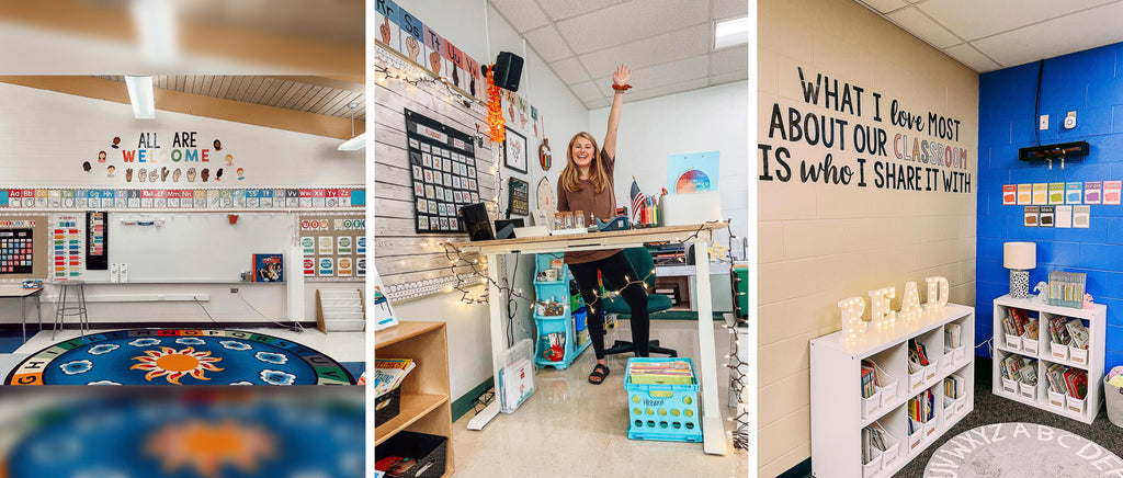 The left image shows a classroom with a large circular rug that has a sun, sky and clouds that are surrounded by the alphabet. The whiteboard has rainbow colored Alphabet Posters and cut out letters spell ‘we are all welcome’. The middle image shows a teacher standing at a stand up desk, with her hand in the air and a smile on her face. Her classroom has colorful decor items including a Classroom Calendar and Alphabet Posters. The right image shows a royal blue wall with color posters on top, and the wall to the left is cream with large cut out lettering that spells ‘What I love most about our classroom is who I share it with.’ There are bookshelves underneath and a grey circular rug on the ground.
