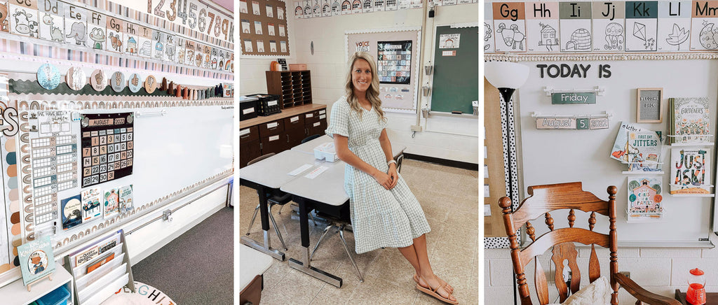 The left image shows a whiteboard that’s filled with decor items in neutral tones, including hand signals, a calendar, alphabet posters, skip-counting numbers and a ‘days at school’ display. It’s framed by garland in muted tones of deep burgundy, pale pinks and dusty blue. The middle image shows a teacher sitting against a table with her hands in her lap wearing a gingham sundress. Her classroom in the background has soft neutral tones, and we can see a hint of number posters. The right image is closely cropped to the top of an antique wooden chair and a floor lamp. The whiteboard behind has a small date calendar, and we see alphabet posters in boho neutral tones.