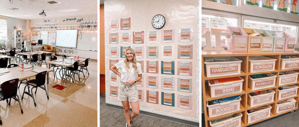 The first image shows a wideshot of a classroom with light, warm tones of beige, cream and peach. There’s a large whiteboard framed by fairy lights and posters in soft rainbow colors. The middle image shows a teacher standing in front of a wall. The wall has posters that say  ‘amazing work coming soon’ in tones of deep ochre, salmon, green-grey and orange. The right image shows a large timber shelving unit with white trays, they’re all labeled with labels from the Spotty Neutrals range in a range of nude tones. The labels say things like homework, writing, workbooks, booklets and spelling.