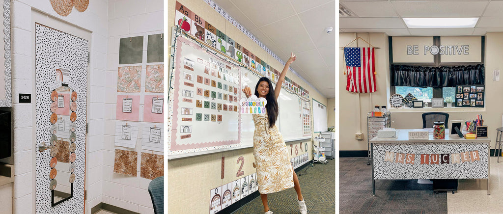 The first image shows the back of a classroom door that’s been covered in white paper with a fine white polkadot print. There’s a long mirror with an affirmation station display in boho tones of oranges, pinks and soft blue-greys. The middle image shows a teacher in a sundress with her arm in the air holding a sign that says ‘first day of school’. The whiteboard behind her is filled with a calendar and weather display in the same tones. The whiteboard is lined with alphabet posters from the Boho Vibes range. The right image shows a teacher’s desk that has the polka dot print with bunting letters in nude tones that spell ‘Mrs Tucker’. Behind the desk is an American flag and cut out letters that spell ‘be positive.’