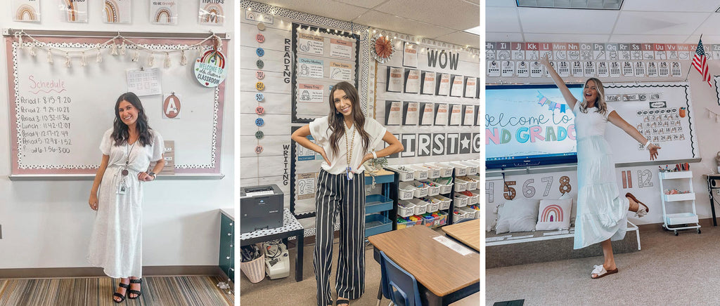 The left image shows a teacher smiling with her hand on her hip in a white dress, in front of a whiteboard lined with pink paper. There’s cream cotton tassel garland and Boho  Rainbow motivational posters up above. The middle image shows a teacher in front of a classroom wall with lots of tubs on shelves, and a display for showcasing amazing work. The right image shows a teacher with her arm in the air and her heel kicked up in front of a whiteboard that says ‘Welcome Second Grade.’ There are alphabet posters above her whiteboard, and skip counting numbers below. There’s an American flag on the right of the displays.