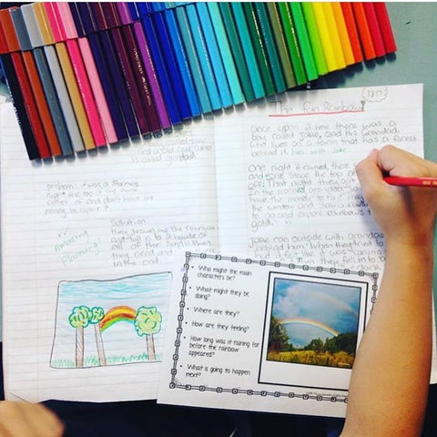 birds eye perspective of a students work, displaying rainbows and a colourful stack of markers