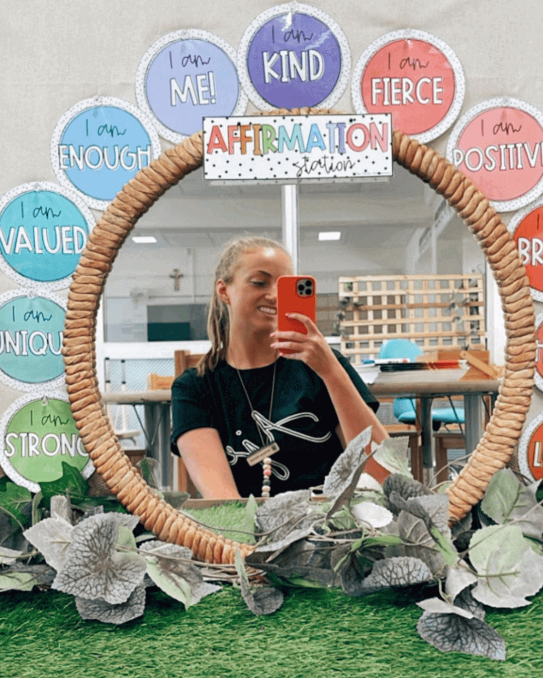 Three images show the Spotty Brights Affirmation Stations around a tall, square and round mirror in three different classrooms. In the middle and right image, we see two smiling teachers taking a photo in the mirror.