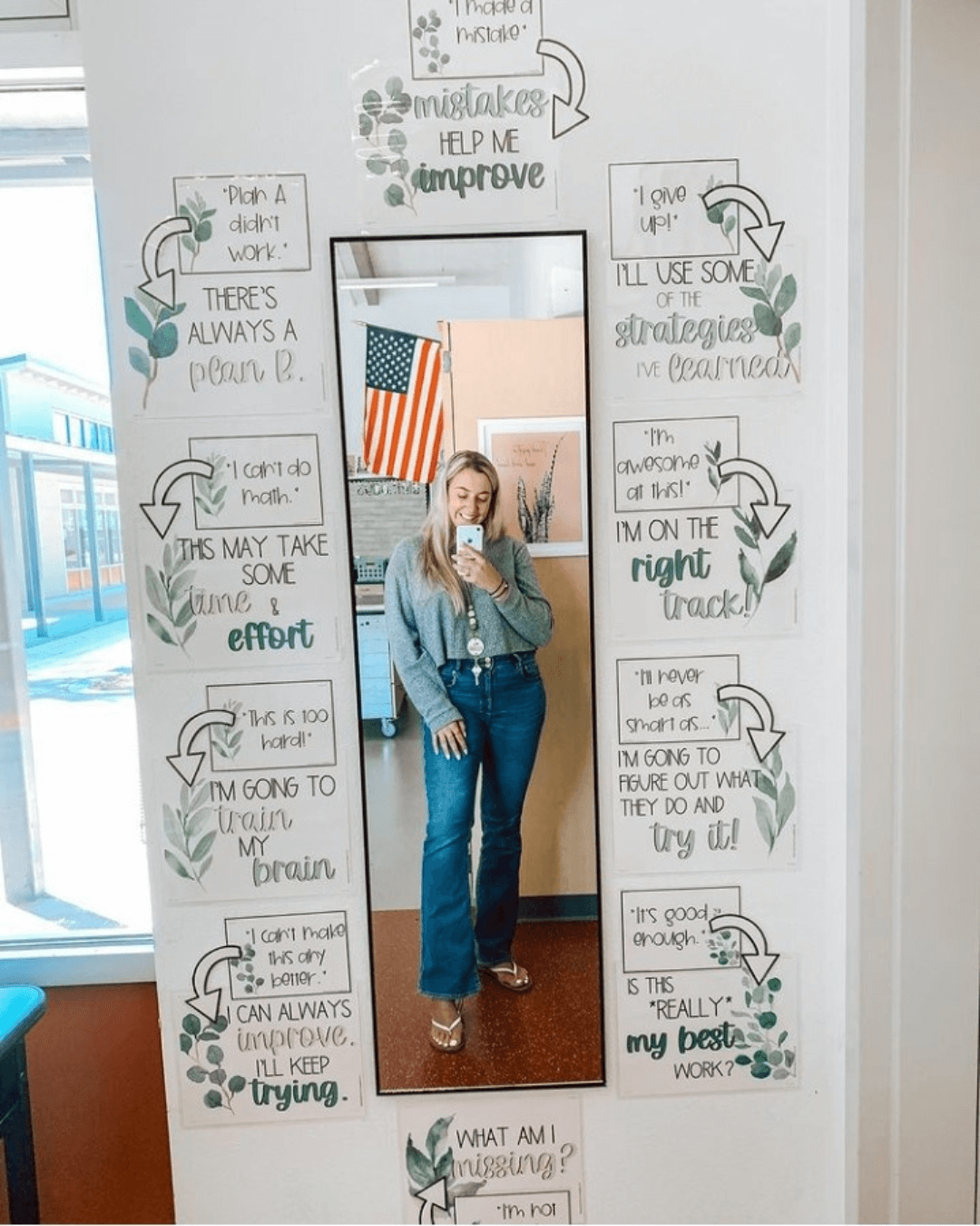 Three images show Botanical classroom displays bordering long mirrors. The displays include a number of motivational phrases and the mirror on the right is framed by a garland of faux leaves.” style=