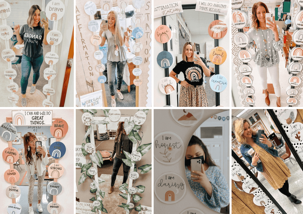 A collage shows 8 different teachers taking photos of their Affirmation Displays.