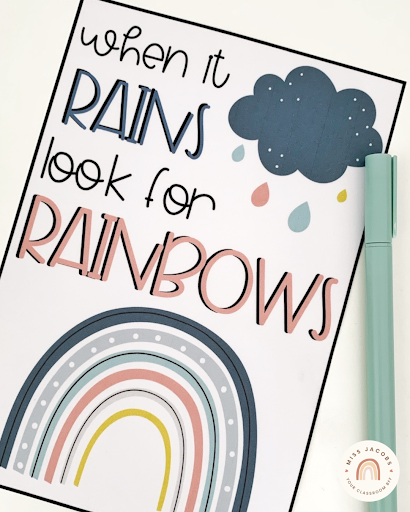 The left image shows a pot plant in a basket and a small pink sign that says ‘Be the change’ with an illustrated pink rainbow. The right image is a poster that says ‘When it rains look for rainbows’ with a mint green pen to the right.