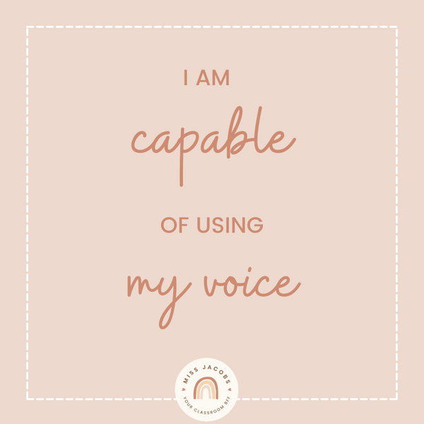 A pink colour graphic reads ‘I am capable of using my voice’