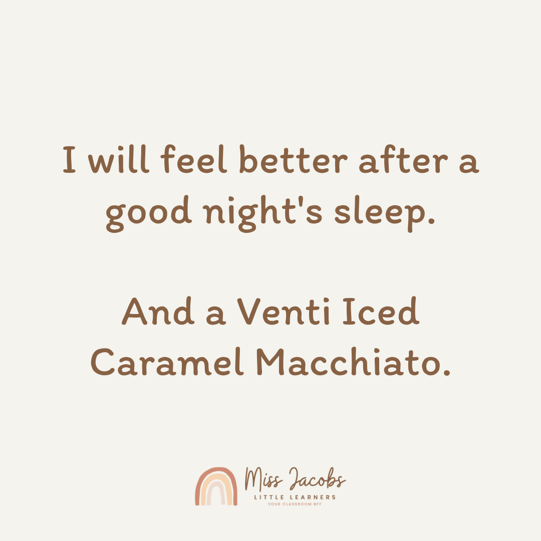 The left image is a bone-coloured graphic that reads ‘I will feel better after a good night’s sleep. And a Venti Iced Caramel Macchiato.’ The image on the right is of Chantelle wearing a pale blue dress and a big smile.