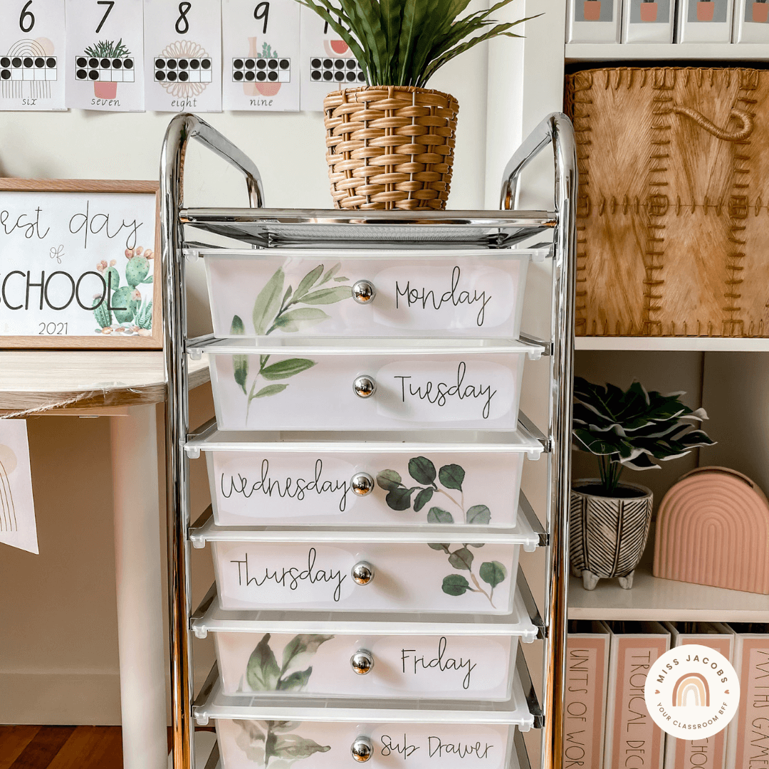 Two images show a rolling cart and a teachers toolbox, both with labels from the Boho Plants range.