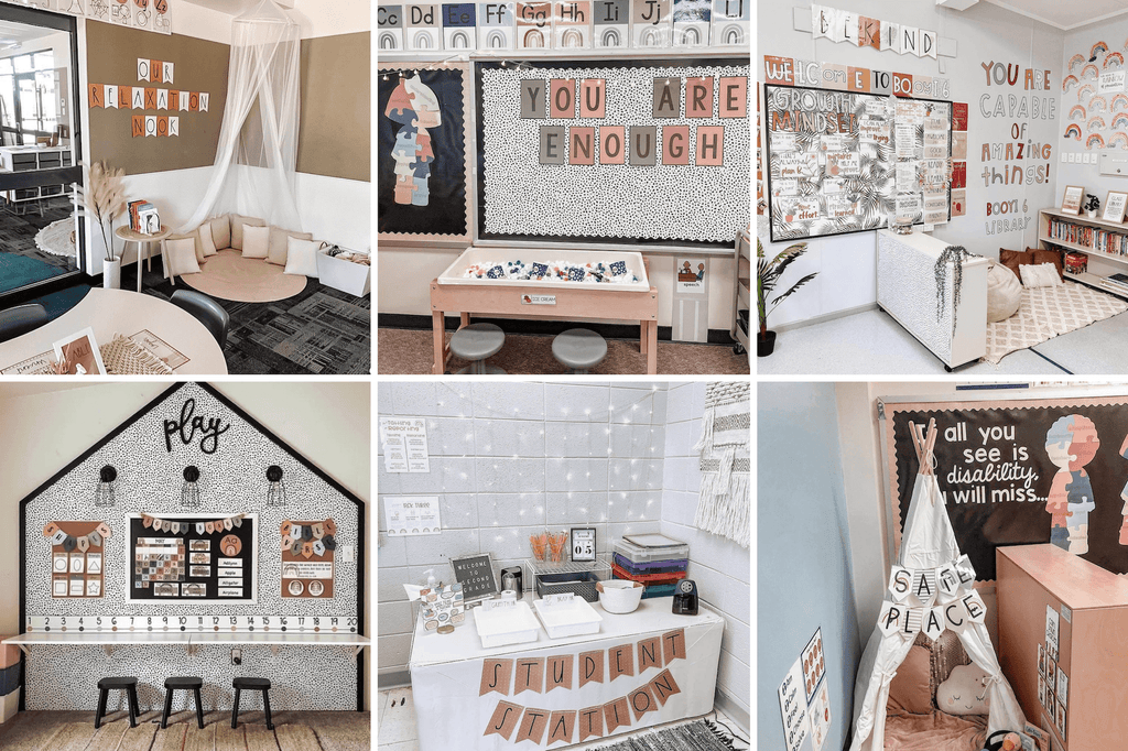 A series of 6 images show a variety of classrooms that have used lettering packs and/or bunting to create a display. They include a relaxation nook, motivating phrases, a ‘safe space’ label for a tent, a student station and a learning station.