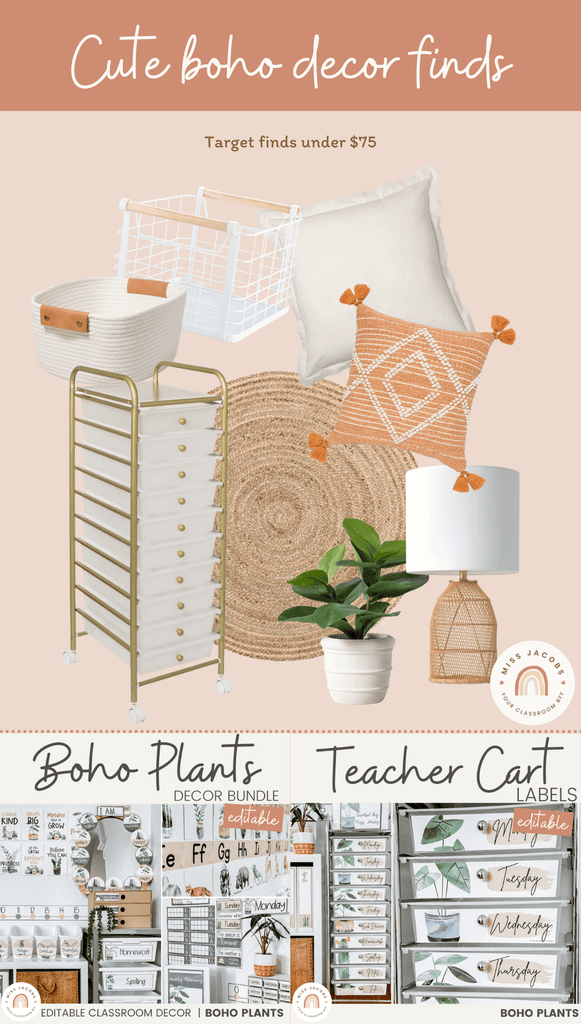 A graphic shows a collage of neutral coloured decor items including a jute circular rug, a brass tower of drawers, cushions in cream and orange, a plant and white storage baskets.