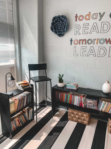 @_lex_bailey's boho rainbow bulletin board letters, taking prime spot on her classroom wall