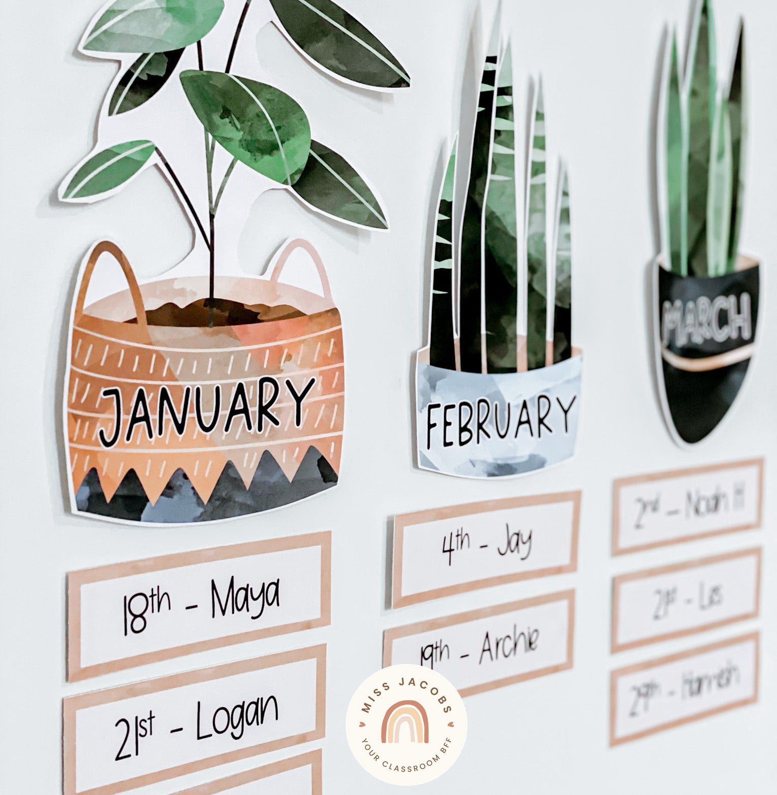 Two images show the ‘Our Birthdays’ display. The months of the year are depicted on illustrations of plants, and underneath students’ names and birthdays are displayed on rectangular labels. The color palette includes earthy tones and beautiful blues.