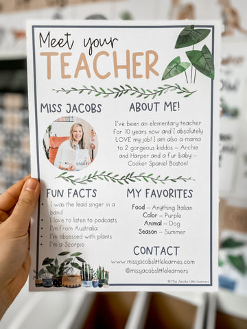 Meet your teacher flyer template filled in by Miss Jacobs