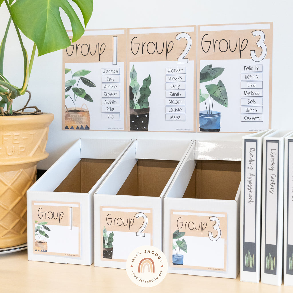 A series of three magazine holder boxes is lined up with MJLL decor labels on the front, they’re designed to hold reading books. Behind the boxes, are three posters on a wall. The posters show the name of the reading group and the names of the children in the group. The predominant colour is a warm sandy colour, and there are illustrations of plants in the corner.