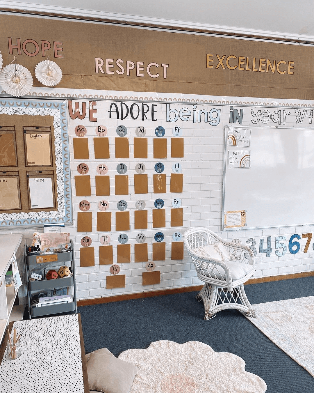 Two images show classrooms with neutral-toned decor. The left has words like hope, respect and excellence. The right says ‘our relaxation nook’ above a classroom corner with a rug and cushions.