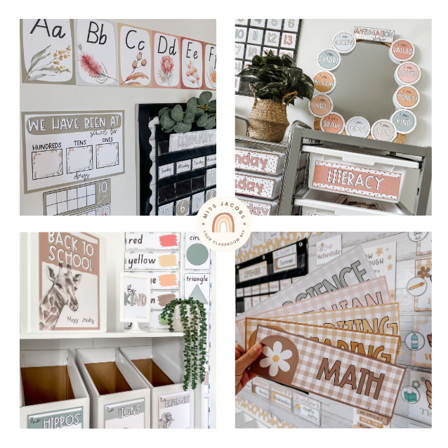 a depiction of my Australiana Alphabet Posters, Spotty Boho Affirmation Station, Modern Jungle Binder Cover and Daisy Gingham Teacher Trolley Labels.