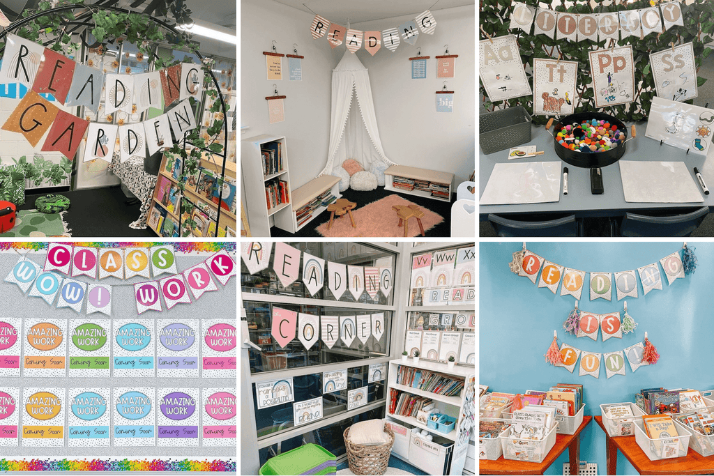 A series of 6 images shows different classrooms using a range of different bunting displays. They label reading gardens, reading corners, a literacy station and fantastic class work.