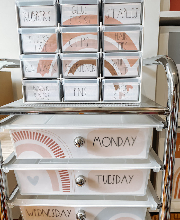 Two images show gorgeous Spotty Brights Teachers toolbox labels on a desk with a beautiful pot plant and some rainbow decor on top. The second image is of the Earthy Rainbow Teachers Toolbox labels sitting on top of the Earthy Rainbow Teacher Trolley labels.