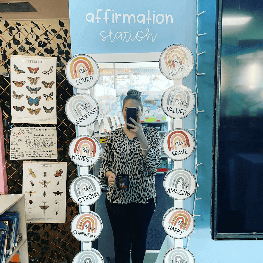 Two images show teachers standing in front of a mirror taking a selfie with affirmations pasted around their mirrors. The left is in neutral tones and the right is on a blue wall.