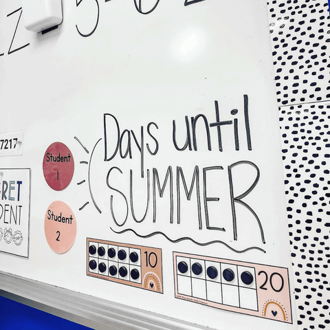 A corner of a whiteboard shows the handwritten words ‘days until SUMMER’ with two MJLL Boho Rainbow unit counters underneath. Magnets represent the number of days remaining till summer. A polka dot border surrounds the board.