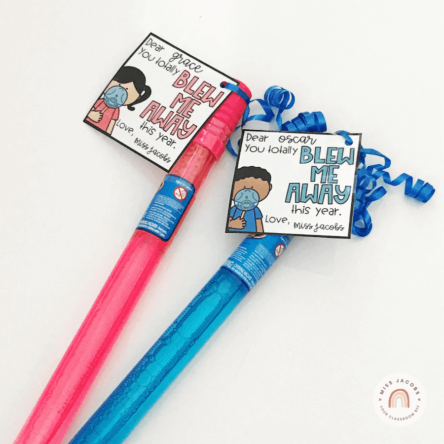 Two images show the MJLL student gift tags that read ‘You blew me away.’ We see a pink and a blue bubble wand, and the tags attached with curling ribbon. The tags feature small illustrations of children blowing bubbles.